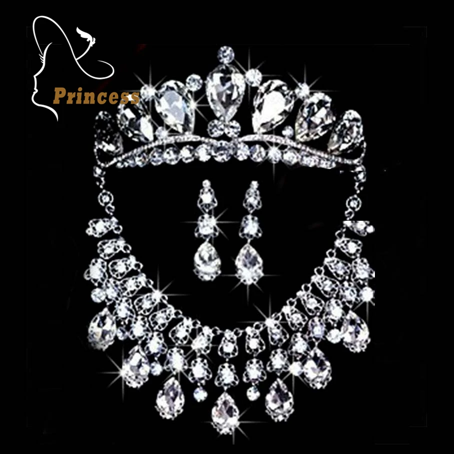 

Fashion Tiara Pearls Silver Plated Crystal Choker Necklaces Earrings Crown Wedding Rhinestone Bridal Jewelry Sets B43 ABC