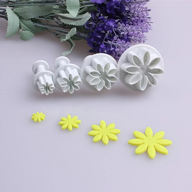 

New 4pcs/set White Daisy Flower Fondant Cake Plunger Sugarcraft Decorating Mold Kitchen DIY Cutter Moulds Tools