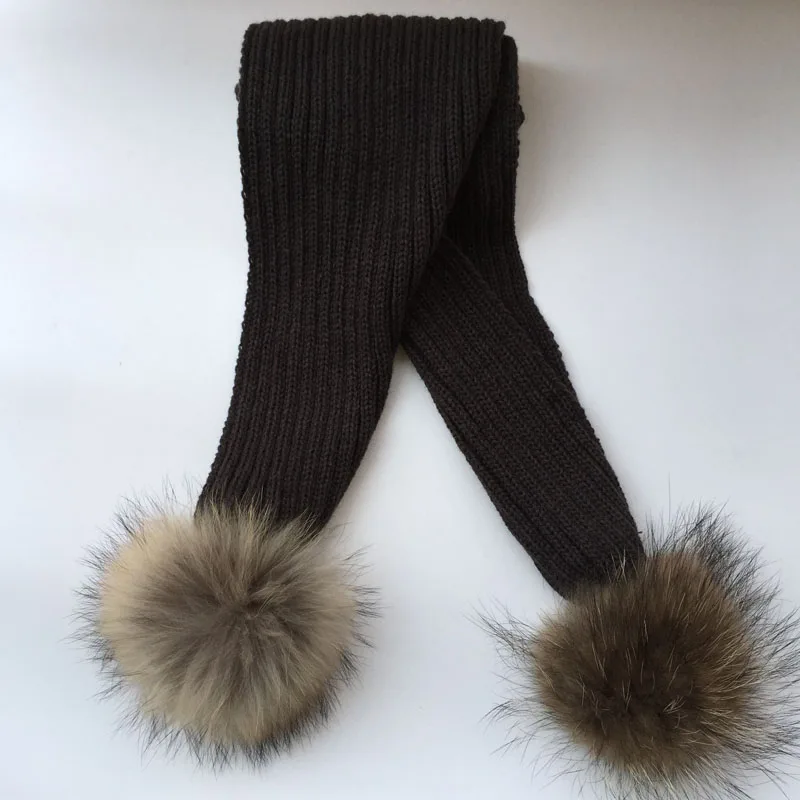 150*16cm crochet Children Scarf wool Knitted Winter Fur Scarves With Detachable Real Raccoon Fur Pom Poms neckwarmer scarf