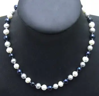 

SALE 7-8mm White and black and gray round Natural Freshwater PEARL 17" Necklace -5900 Wholesale/retail Free ship