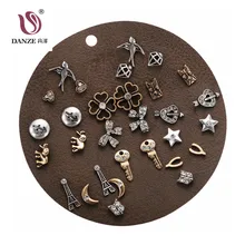 DANZE 12 пар/лот, винтажный золотой цвет, Комплект сережек для женщин, панковские милые Подвески, слоны, ключ, сердце, лист, серьги-гвоздики