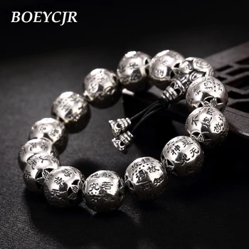 

BOEYCJR 16mm Bead S925 Silver Buddhist scriptures Beads Bangles&Bracelets Fine Jewelry Handmade Energy Bracelet for Men