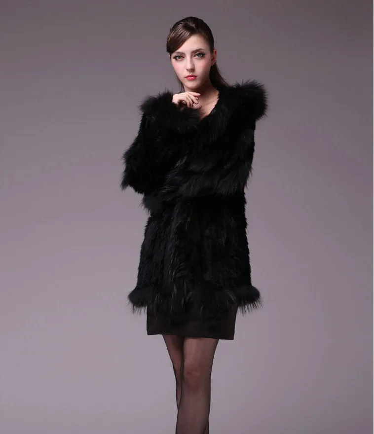 Новая модная Длинная женская вязаная куртка с капюшоном и натуральным кроличьим мехом, большие размеры, S-7XL YH41