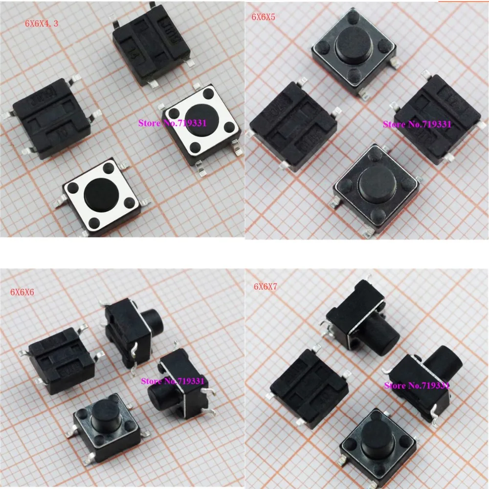 

7 Values 70pcs 6X6x4.3/5/6/7/8/9/10mm Tact Switch Tactile Push Button Switch Kit Sets DIP 4P Micro Switch