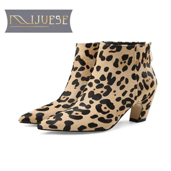 

MLJUESE 2019 women ankle boots horsehair leopard pointed toe autumn spring low heel women female boots women size 34-39