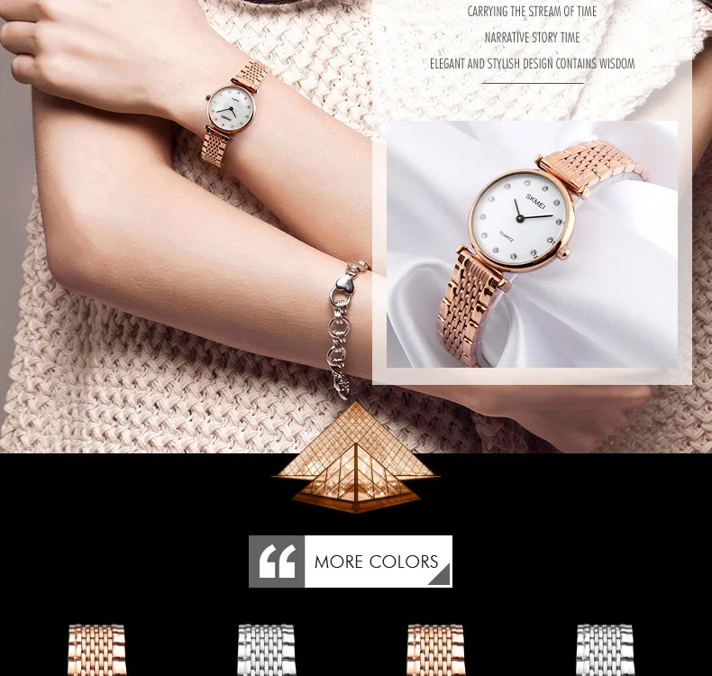 SKMEI новые модные женские кварцевые часы повседневные платья для девочек Наручные часы Стразы водостойкие розовое золото серебро женские
