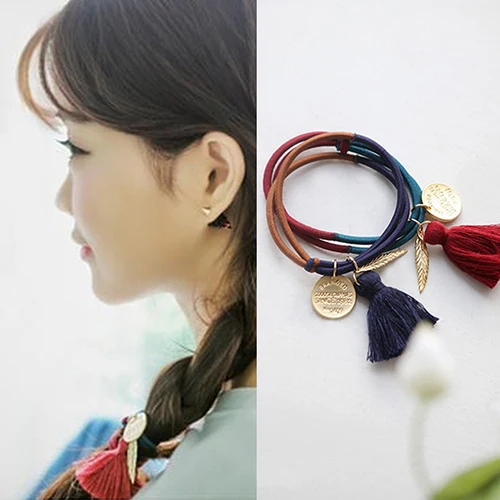 Girls Retro Double Layer Bow Tassels Metal Pendants Decor Fringed Hair Rope