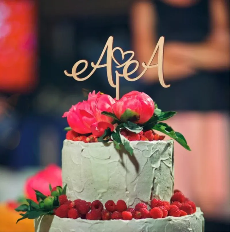 Custom Wedding Cake Topper Wooden Wedding Party Decoration Personalized Name First Letters Rustic Cake Topper (2)