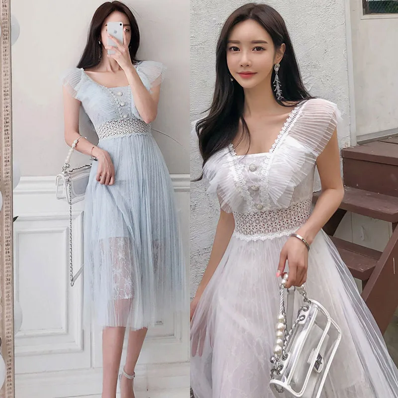 

korean Summer Women robe femme elegant Dress Vintage button Lace sexy V-neck Knee-length Chiffon Dresses vestidos 2019 festa
