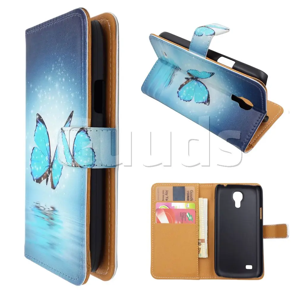 Blue Butterfly Leather Wallet Case for Samsung Galaxy S4 mini i9190 I9192 I9195