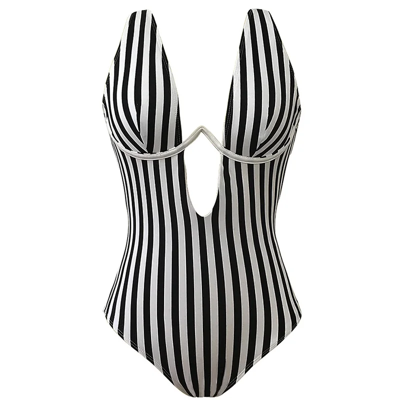 

Striped V Shape One Piece Swimsuit Women Swimwear Female V-Bar Bathing Suit Swim Lady