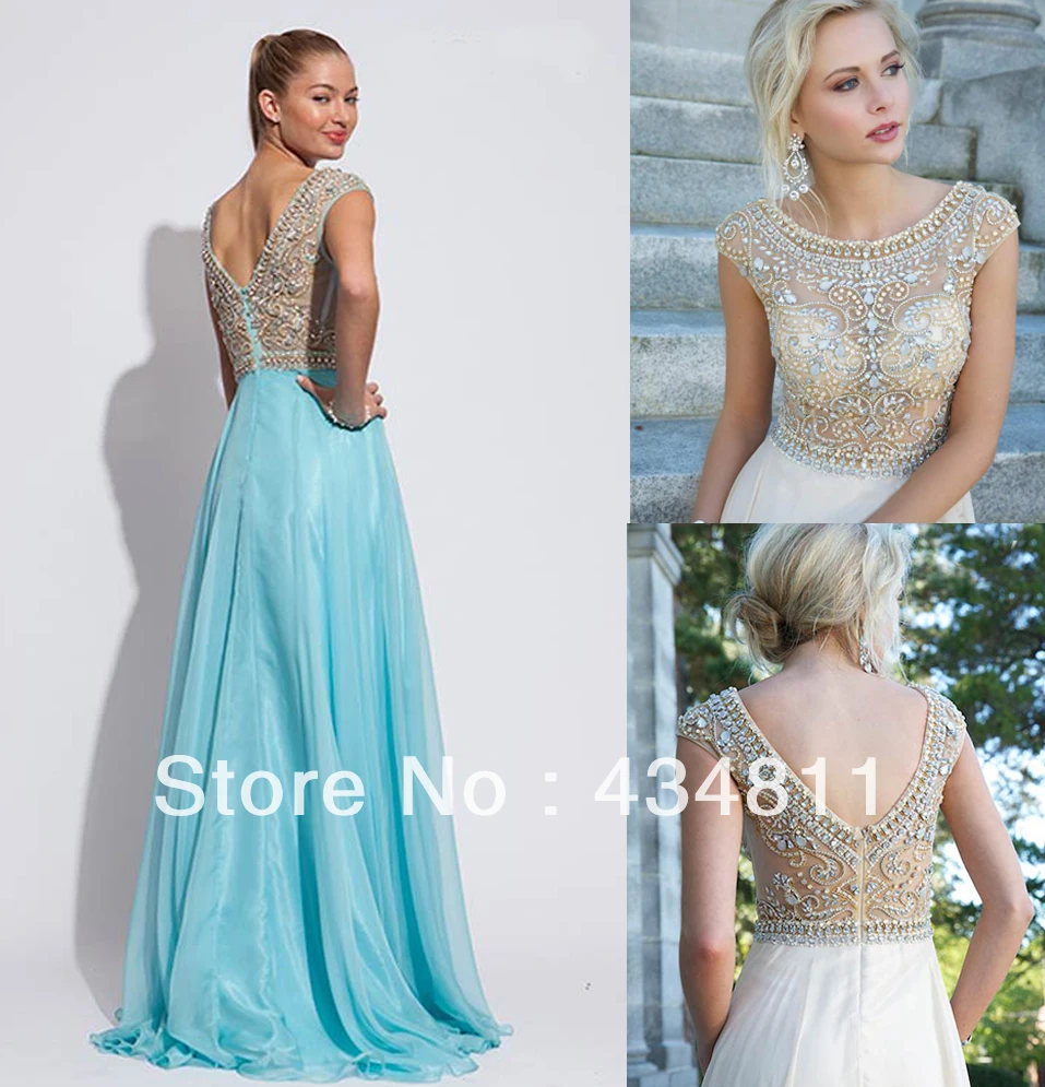 2014 New Scoop Neckline Cap Sleeve Beaded/Crystal See-Through A-Line Tulle Prom Dresses Floor Length Zipper Back Free Shipping | Свадьбы и