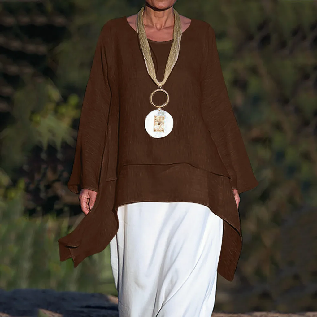 

Feitong fashion women O-neck large size shirt autumn ladies long-sleeved solid color cotton and linen casual ruffled Blouses top