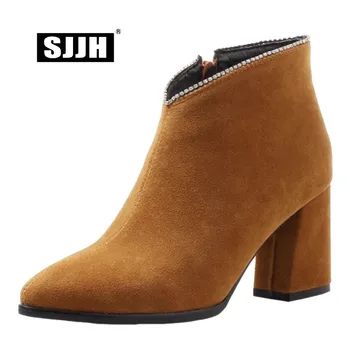 

SJJH Women Flock Ankle Boots with Point Toe Chunky Crystals Short Plush Chelsea Boots Autumn Fashion Roman Shoes Large Size A989