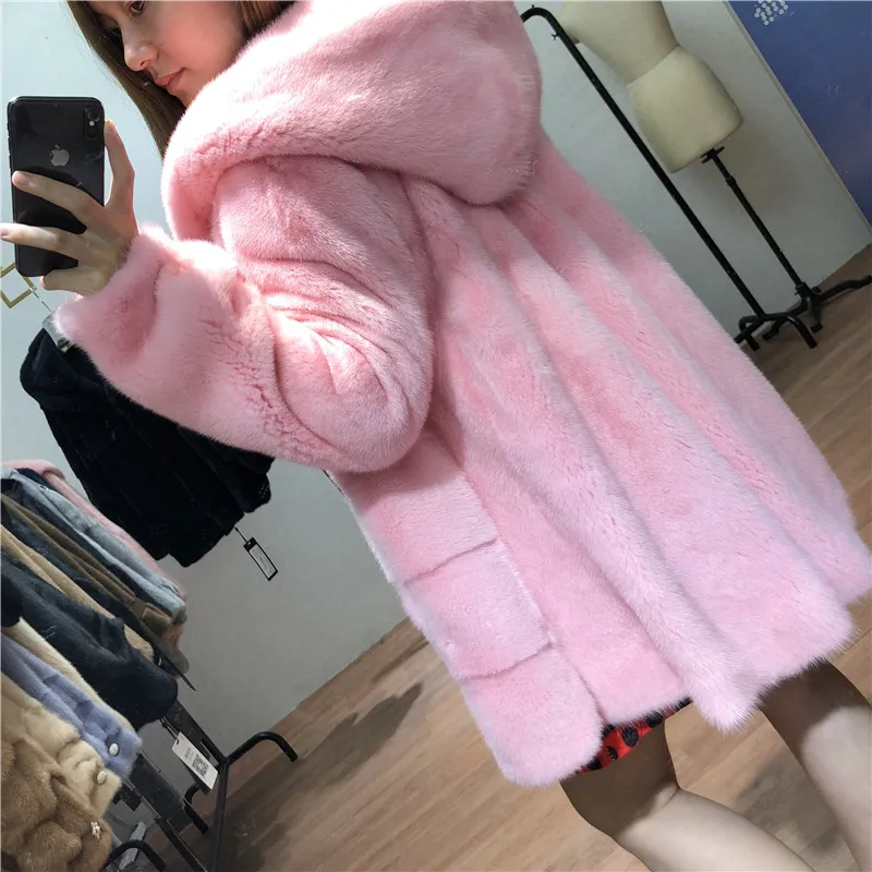 

2018 new women fashion velvet mink fur coat hooded