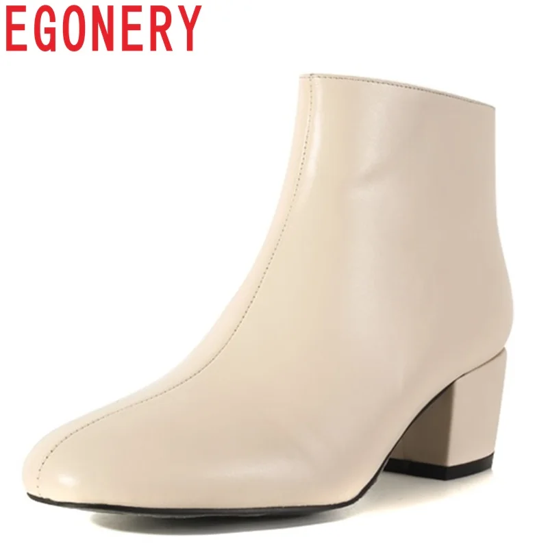 

EGONERY high quality newest zipper med square heel solid square toe three colors fashion elegant winter plush warm ankle boots