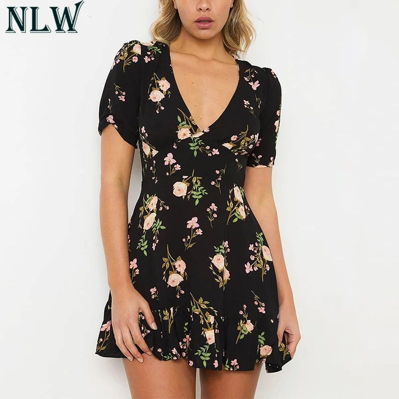 NLW Boho Chic короткое платье красный черный цветочный принт V Ruffle Peplum Hem летнее женское