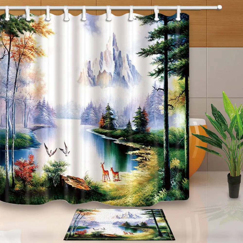 High Quality Shower Curtains Landscape Painting Polyester Fabric Bath