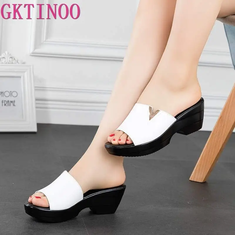 GKTINOO 2019 Summer women slippers genuine leather Thick Soled flip