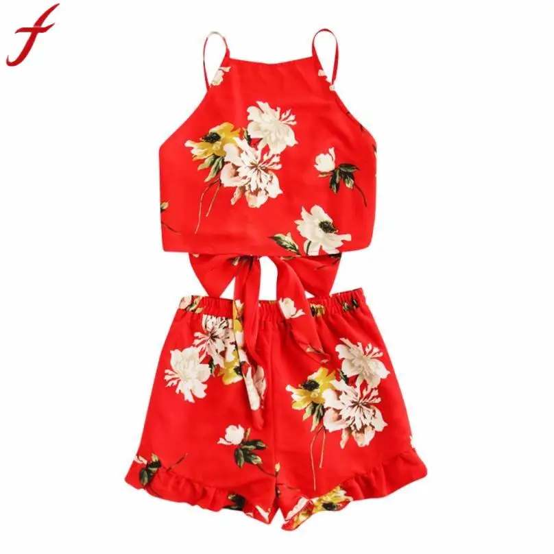 

2 piece set women Boho Ruffle Floral Print Spaghetti Strap Crop Cami Top With Shorts Sets Suits Female 2019 conjunto feminino