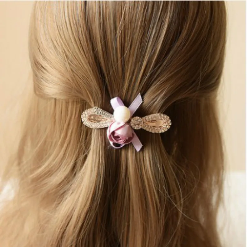 

Korean Fabric Bow Rhinestone Hairpin Wedding Headpieces Adult Flower Luxury Jewelry Top Hair Pins Clip Women Bridal Accessories