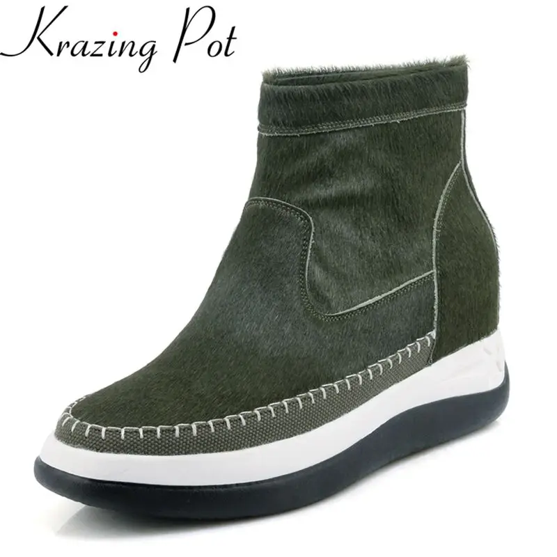 

Krazing Pot 2018 fashion horse hair flat with runway increased round toe winter boots keep warm slip on concise ankle boots L1