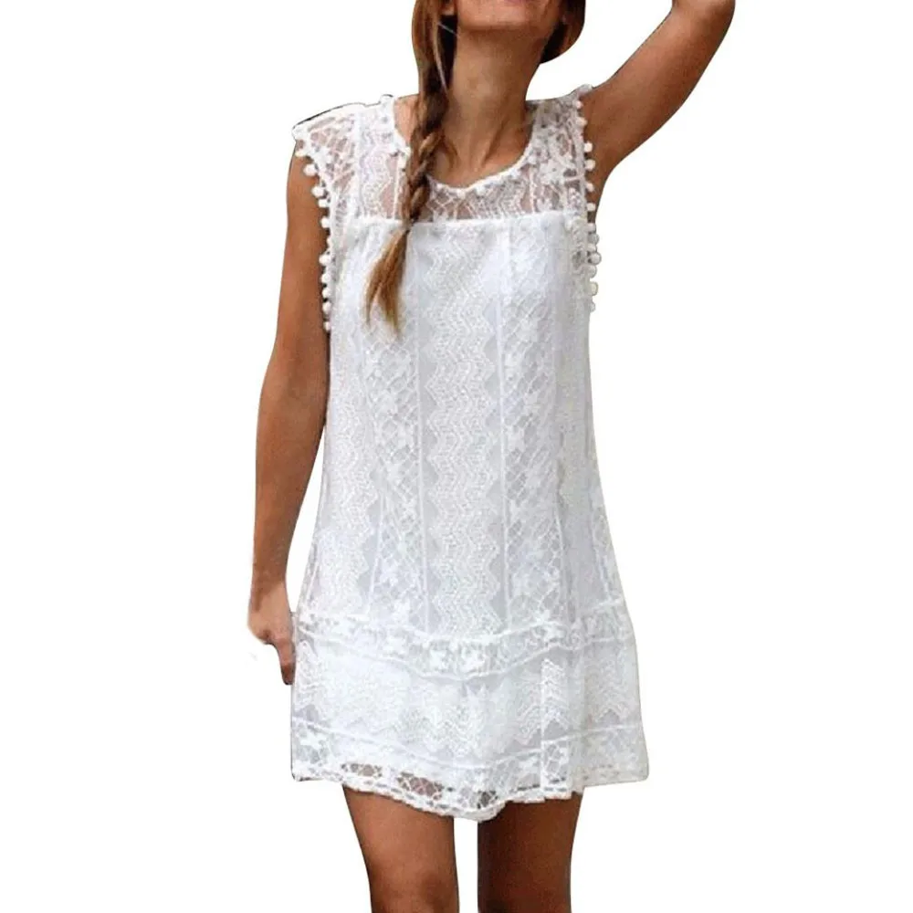 

SAGACE Women's 2019 new summer dress pure color lace stitching loose casual dress Sleeveless lace beach dress women Female new