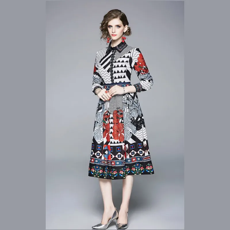 

Fashion Designer Runway Maxi Dress 2019 Fall Women Turn-Down Collar Long Sleeve Vintage Print Elegant Line Horse Long Dress