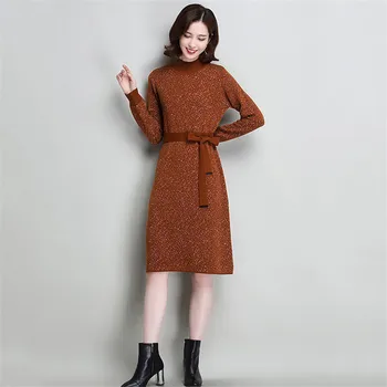 

Women Dress Autumn Winter Cashmere Knit Sweater Dresses Half High Collar Wool Sweater Long Thicken Dresses Women Sweater No496