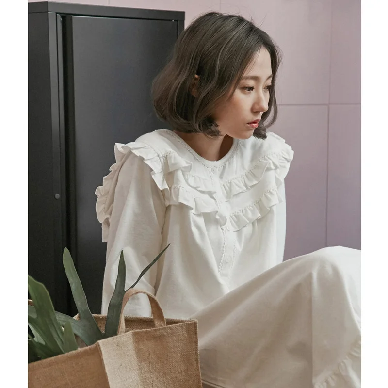 

Spring summer Cotton Women Nightdress Vintage Sleepwear Casual Nightgown Ladies Nightdress Solid White Nightgown