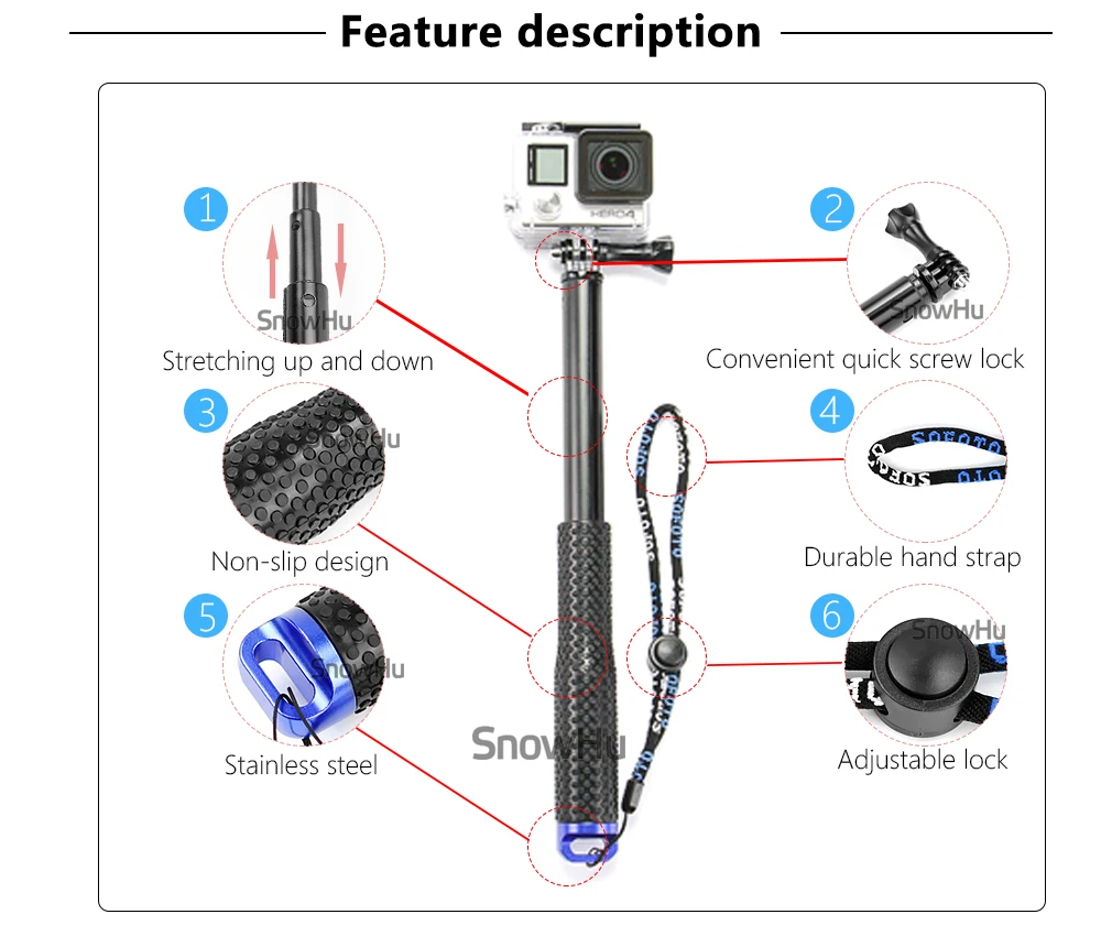 SnowHu Выдвижная ручная палка Телескопический монопод Штатив селфи палка для Gopro Hero 8 7 6 5 4 3+ для xiaomi yi 4K sjcam GP180