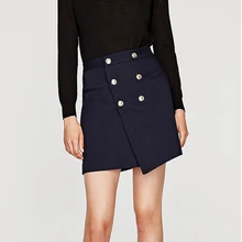 Черный двубортный Асимметричный Зимняя юбка Для женщин Высокая Талия Короткие Saia Женская юбка для офиса мини-юбка работы юбки, женские Юпи