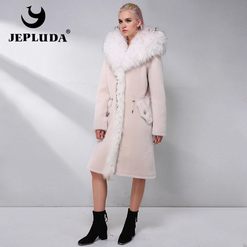 JEPLUDA Шуба Натуральный Мех овчины Австралийский На Капюшон Лисы Реальный