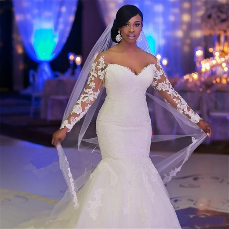 Плюс Размеры Русалка Свадебные платья с открытыми плечами одежда с длинным рукавом Аппликации Тюль пол Длина Свадебные платья Африканский Для женщин платье Макси