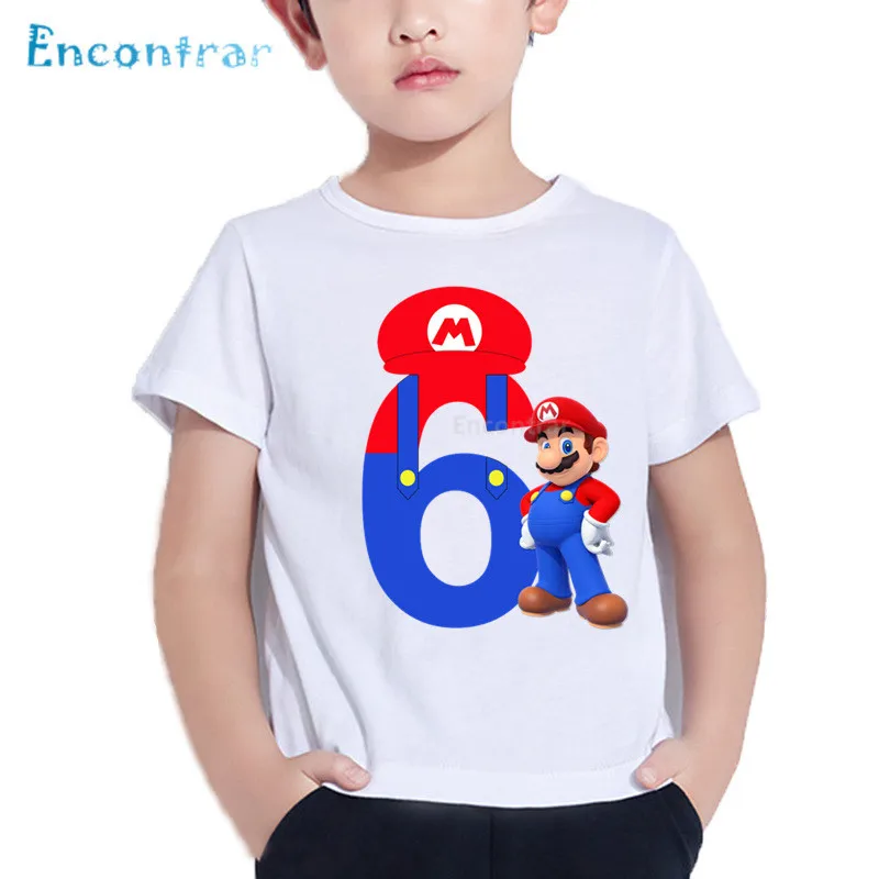 С днем рождения с рисунком Супер Марио 1-9 Письмо печати Дети футболка детские смешные футболки для мальчиков/девочек на день рождения номер одежда HKP5233