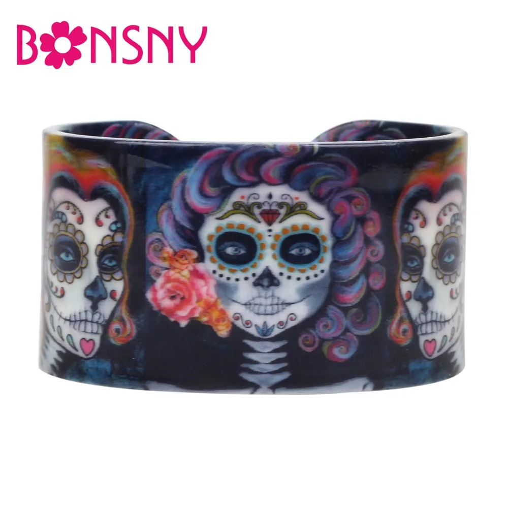 Bonsny Пластиковые элегантные цветочные скелетные браслеты с черепами на Хэллоуин, браслеты в стиле панк, модные ювелирные изделия для женщин, девушек, девушек, подростков