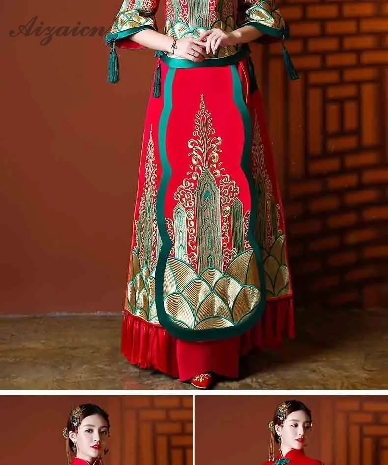 Восточный Ретро красный Cheongsam Длинные платья Китайский традиционный свадебный платье Qipao Chinoise дракон феникс вышитые Qi Pao