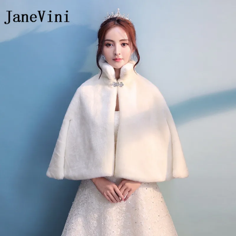 JaneVini, элегантные белые накидки и шали из искусственного меха размера плюс, зимние женские болеро с высоким воротом и бисером, теплая накидка для невесты