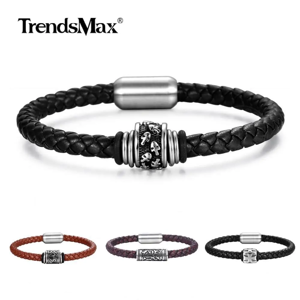 

2019 Fashion Black Leather Bracelet for Men Women Stainless Steel Skull Cross Charm Bracelets Magnet Clasp 8.5inch DLBM37