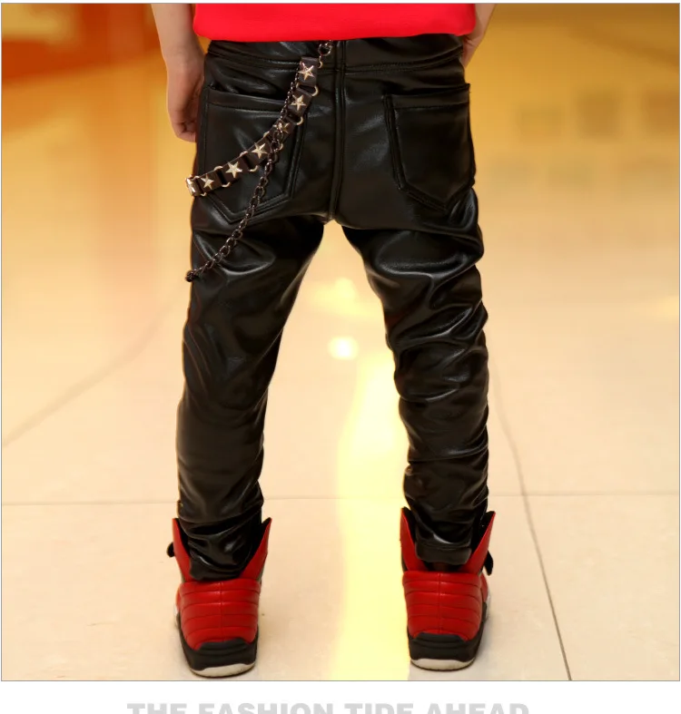

Spring Autumn kids Trousers boys Pocket Soloid Black PU Faux Leather chain Unisex harem Hip hop Pants