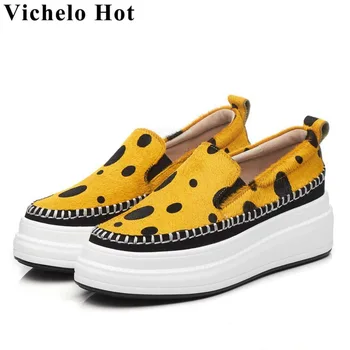 

Vichelo Hot classic leopard luxury horsehair round toe loafers slip on thick med bottom comfortable women vulcanized shoes L05