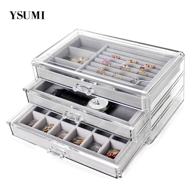 Dustproof Three-Layer Jewelry Storage Display Box Ring Earring Necklace Case Women Pendants Watch Display Stand Box YSUMI