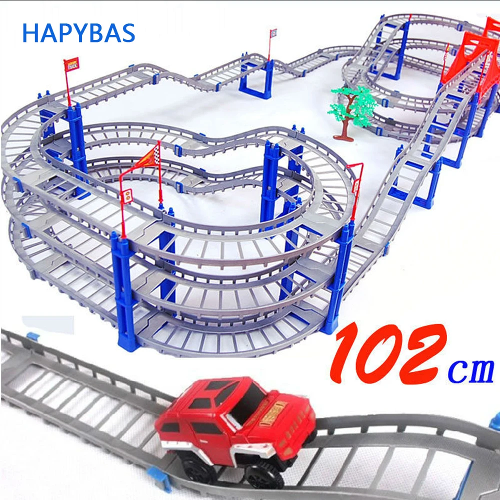 140pcs večeře velké DIY Assemb sloty Off-road vozidla 3D elektrický kolejový vůz 3Layers Slot Kit Spirálová dráha Roller Coaster Dětská dárek