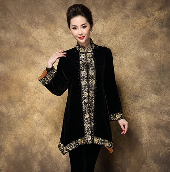 

High Quality Chinese Women Silk Velvet Jacket Vintage Embroidery Flower Coat Spring Autumn Outerwear Plus Size 3XL 4XL MD018