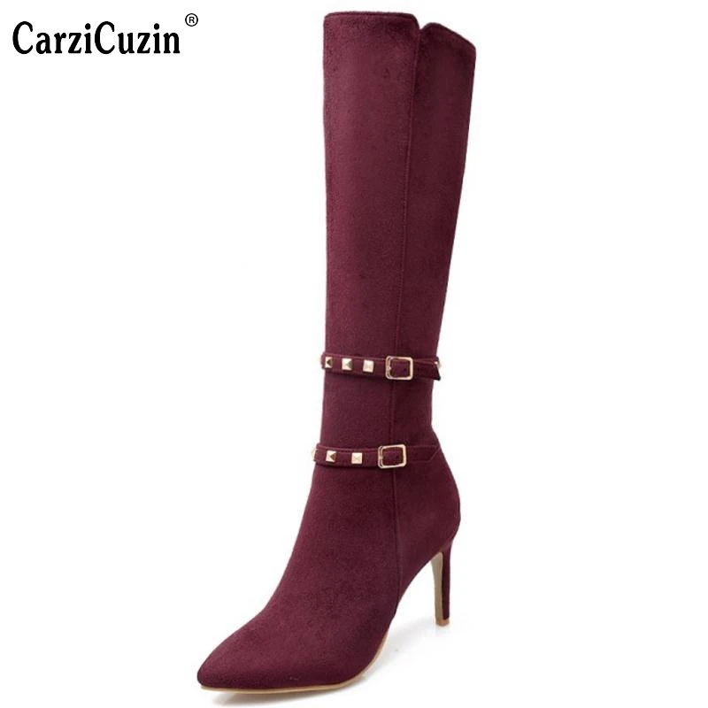 

Women Sexy Pointed Toe Thin High Heel Knee Boots Woman Fashion Buckle Wrap Rivets Heeled Footwear Shoes Size 31-43