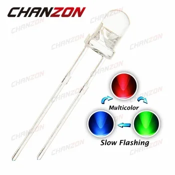 CHANZON 100pcs 3mm Water Clear RGB Slow Flashing Round Light Emitting Diode 3 mm LED Blinking Multicolor Flicker 20mA 3V Diode