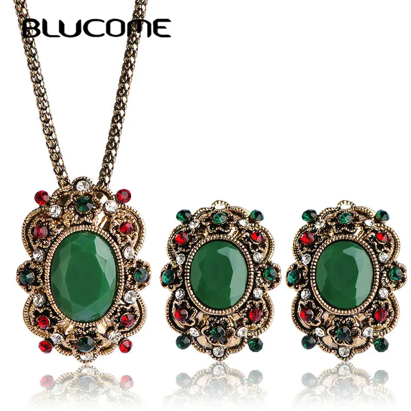 

Blucome Vintage Turkish Flower Long Necklace Earrings Jewelry Set Resin Acrylic Crystal Women Wedding Dress Party Accessories