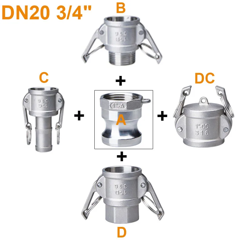 

DN20 3/4" Type A +B/A+C/A+D/A+DC Camlock Fitting Adapter Homebrew 304 Stainless Steel Connector Quick Release Coupler