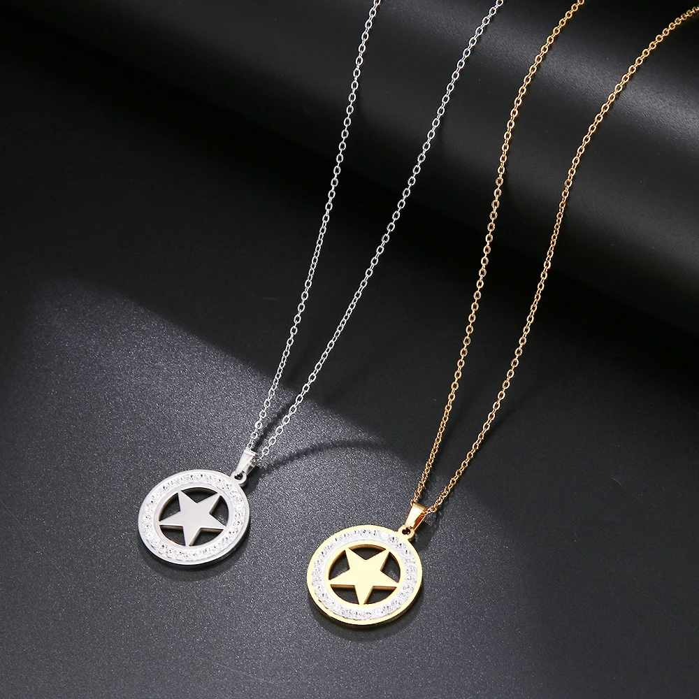 Cacana Stainless Steel Crystal Round Pendants Necklace Women Jewelry Pentagram Trendy Necklaces  Donot Fade Valentine's Day Gift (2)