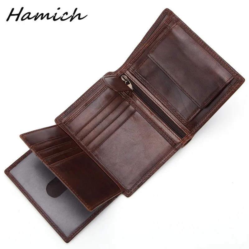 HAMICH Oil Wax Cow Leather Men's wallet Trifold Purse Retro Money Clips